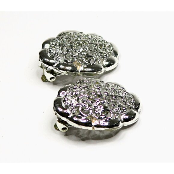 Filigree Silver-Tone Clip-On Earrings Vintage Mid-Century Statement Jewelry - Picture 2 of 5